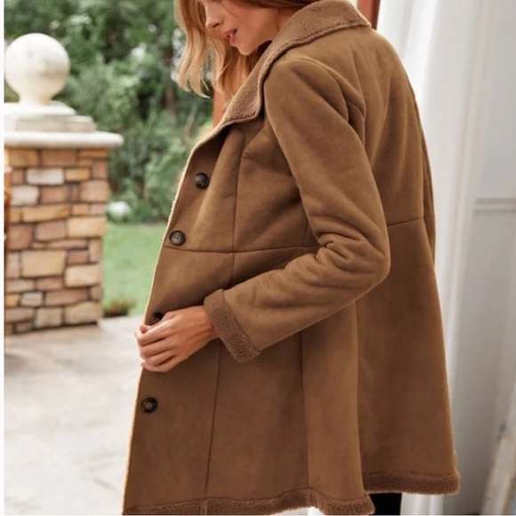 Cozy Camel Tan Sherpa Lined Vegan Suede Jacket Coat - Picture 2 of 5